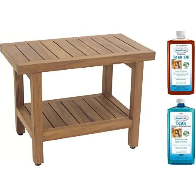 The Original 24" Spa Teak Shower Bench with Shelf & AquaTeak Two-Step Care Kit