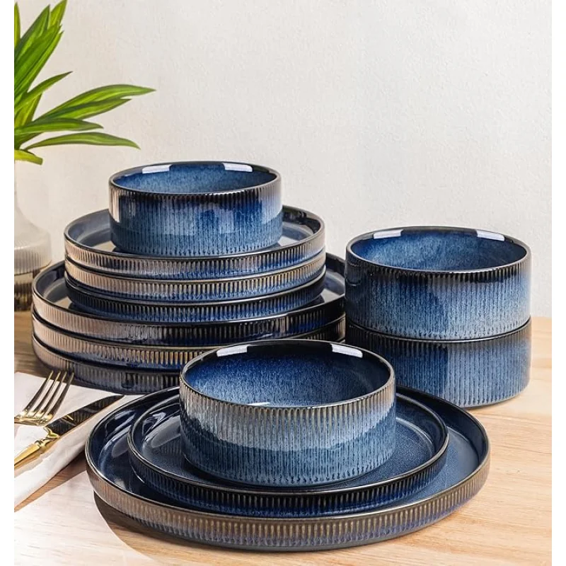 TheTerra Ceramic Dinnerware Sets for 4, 12 Pieces Porcelain Lightweight Plates and Bowls Sets, Scratch Resistant Dish Set, Oven & Microwave & Dishwasher Safe, Starry Blue