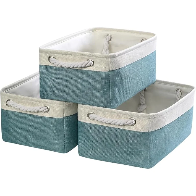 TheWarmHome Fabric Storage Bins Baskets for Organizing,Sturdy Storage Basket W/Handles, Decorative Foldable Storage Baskets for Shelves Closet Nursery Toy (White&Teal, Medium - 3 Pack)