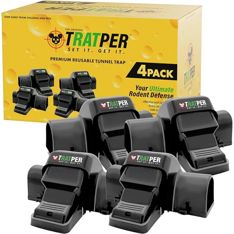TRATPER Rat and Chipmunk Traps. Prevents Accidental Triggering with Dual Tunneled Design. Covered Snap Traps for Humane Kill, Reusable, Pest Control for Rats, Indoor & Outdoor Use. 4 Pack