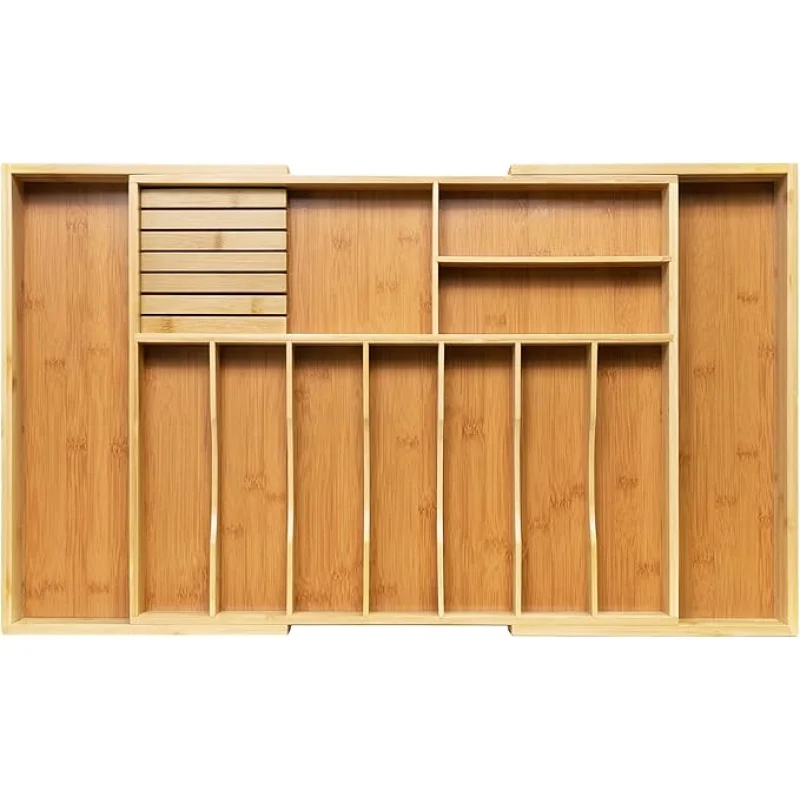 VaeFae Extra Large Kitchen Utensil Holder, Bamboo Silverware Drawer Organizer, Expandable Cutlery Organizer with Knife Block, Multifunctional Drawer Divider (10-12 compartments)