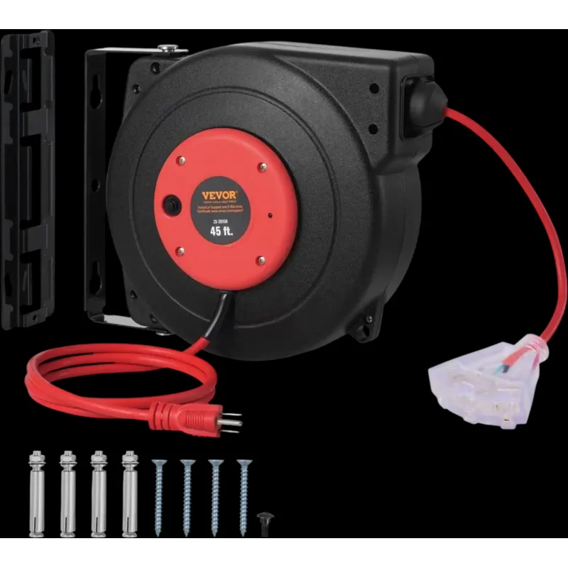 Vevor Extension Cord Reel 45' Retractable Power Cord with Lighted Triple Tap Outlet New