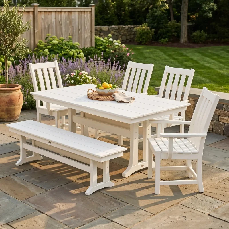 Vineyard 6 Piece Arm Chair Farmhouse Dining Set W/ Trestle Legs & Bench Slate Grey