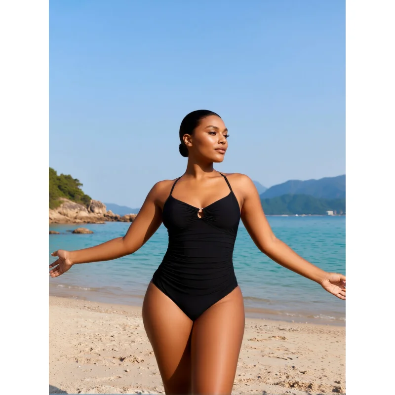 Womens Swimsuits Tummy Control Bathing Suit Slimming One Piece U-Ring Shapewear Swimwear with Ruched Waist Black