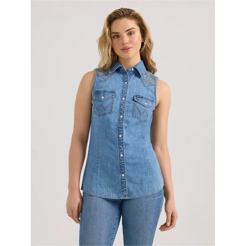 Wrangler Women's Sleeveless Snap Shirt (Denim) Size M