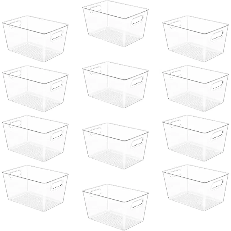 YIHONG 12 Pack Clear Pantry Organizer Bins, Plastic Containers with Handle for Kitchen,Freezer,Cabinet,Closet,Bathroom Under Sink Storage
